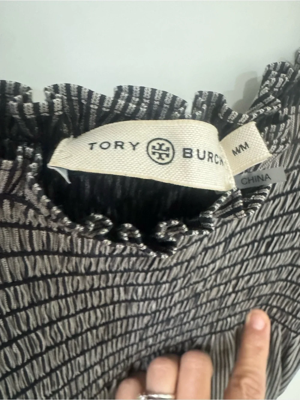 Tory Burch Black and White Striped Smocked Maxi Dress